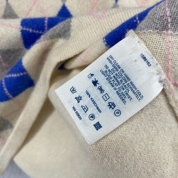 LANDS END Sweater Womens XS 2-4 Cashmere Argyle Long Sleeve Pullover Beige Blue - Picture 7 of 11